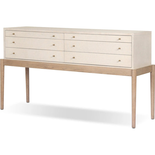Ford Console Table by Four Hands in beige painted linen, sandy oak. Made from painted linen, solid oak in a unique style.