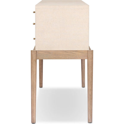 Ford Console Table by Four Hands in beige painted linen, sandy oak. Made from painted linen, solid oak in a transitional style.