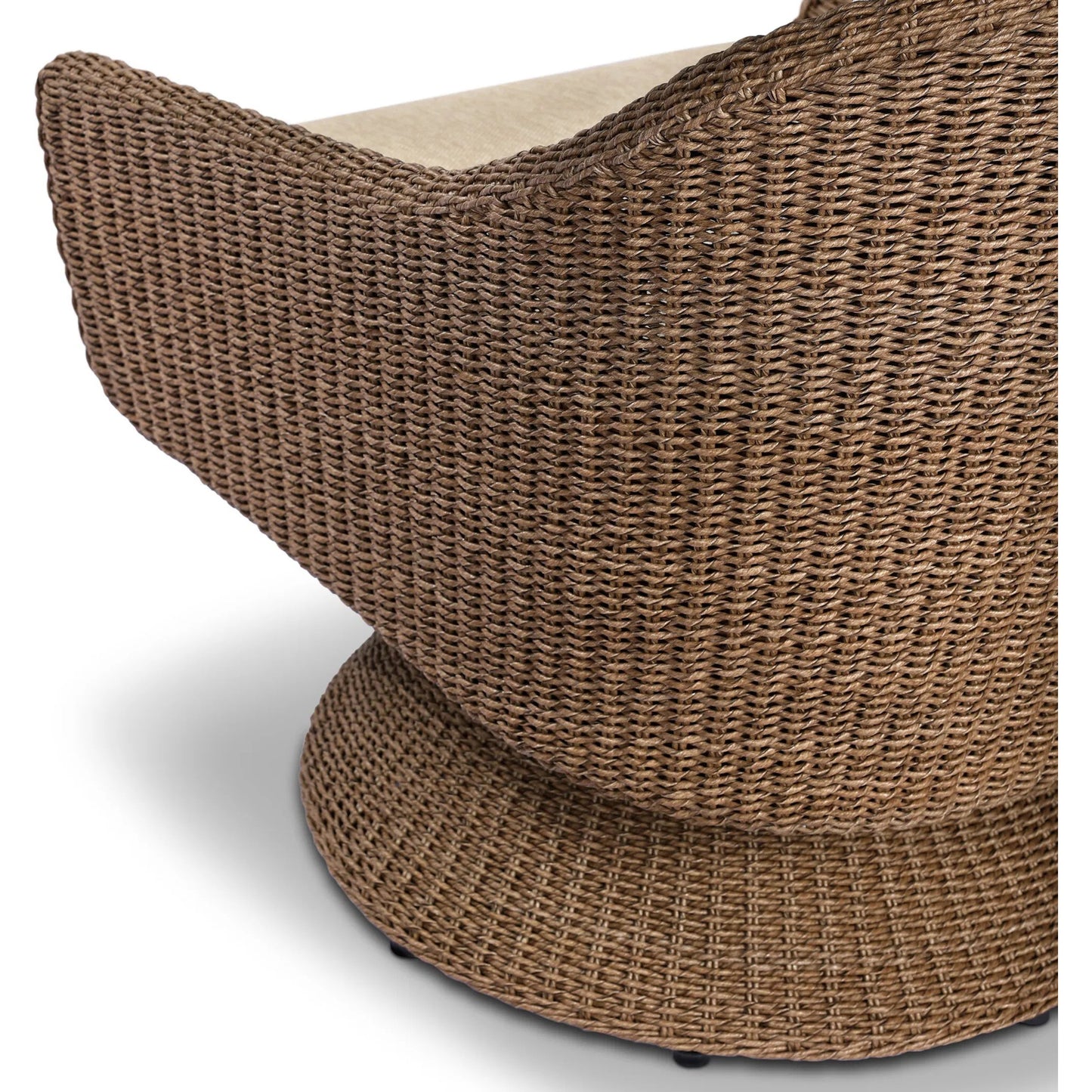 008 SI-2519219 | Closeup | Koe Outdoor Chair by Four Hands in ellor beige, faux dark hyacinth. Made from 100% olefin, 100% polyethylene in a rustic style.