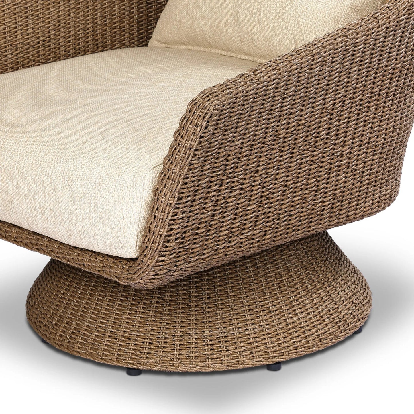 009 SI-2519219 | Closeup | Koe Outdoor Chair by Four Hands in ellor beige, faux dark hyacinth. Made from 100% olefin, 100% polyethylene in a rustic style.