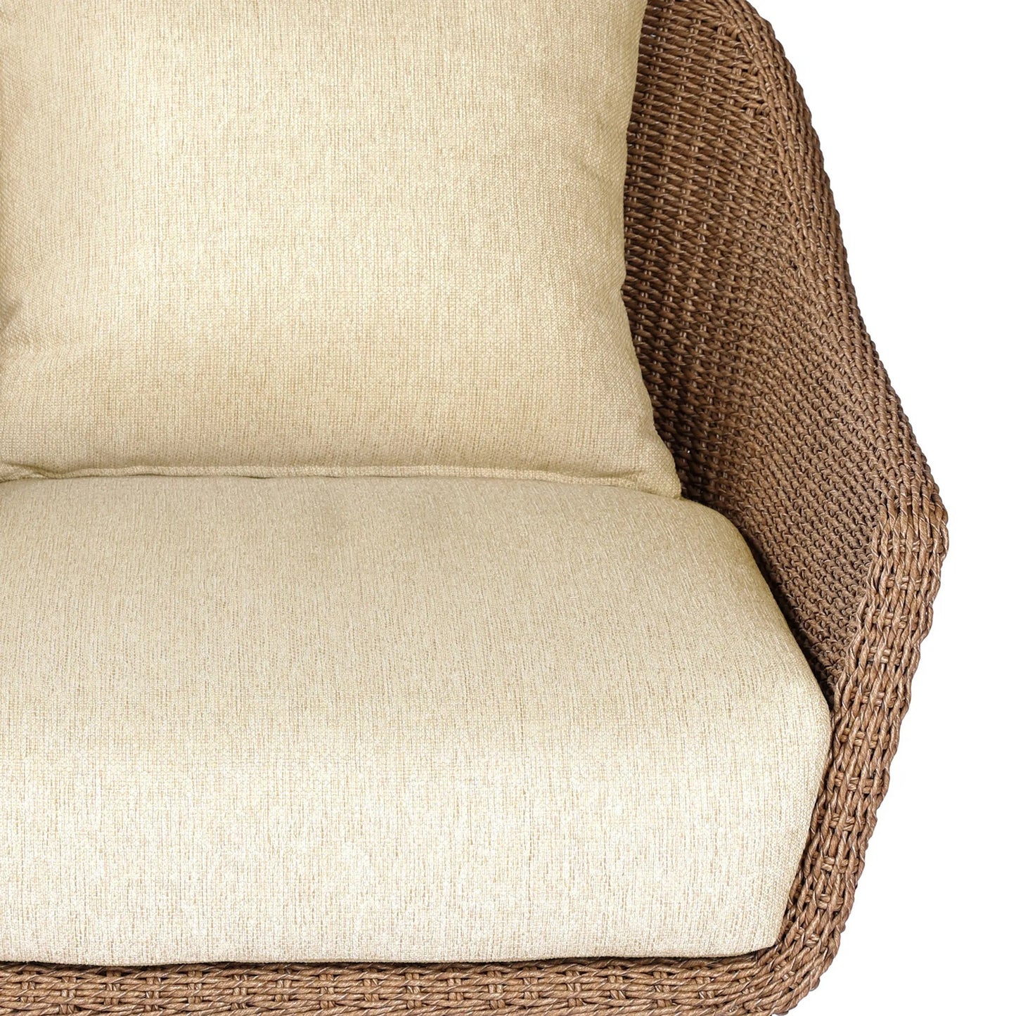 011 SI-2519219 | Closeup | Koe Outdoor Chair by Four Hands in ellor beige, faux dark hyacinth. Made from 100% olefin, 100% polyethylene in a rustic style.