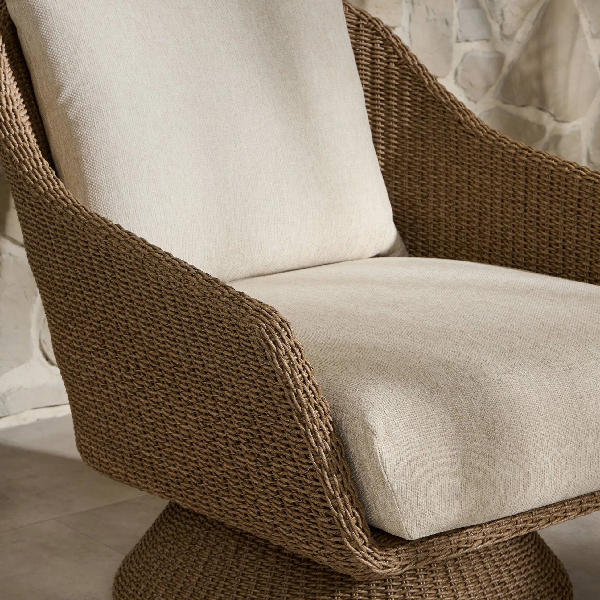 Koe Outdoor Chair by Four Hands in ellor beige, faux dark hyacinth. Made from 100% olefin, 100% polyethylene in a rustic style.