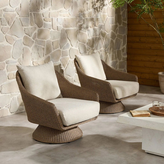Koe Outdoor Chair by Four Hands in ellor beige, faux dark hyacinth. Made from 100% olefin, 100% polyethylene in a rustic style.