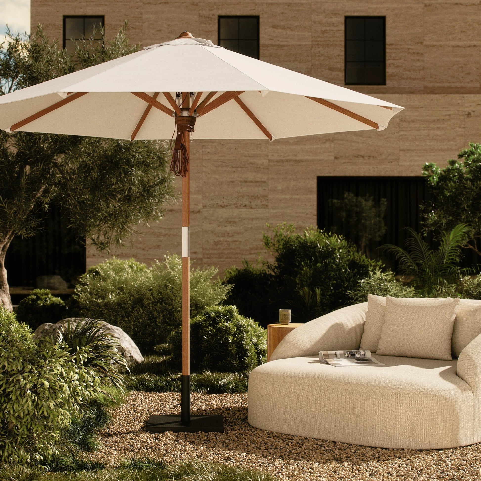 Baska Outdoor Round Umbrella by Four Hands. Made from 100% acrylic, solid fsc®-certified teak in a modern style.