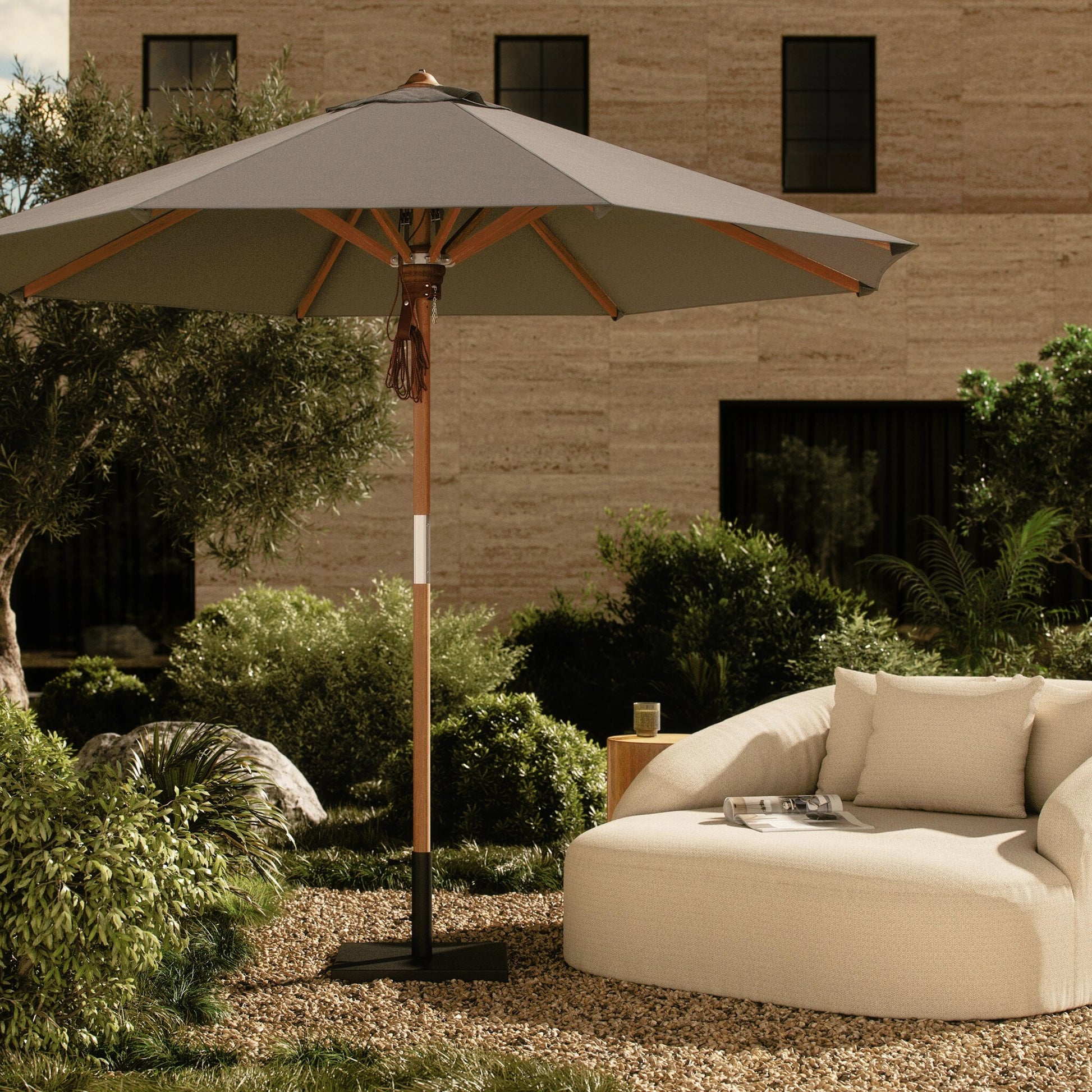 Baska Outdoor Round Umbrella by Four Hands. Made from 100% acrylic, solid fsc®-certified teak in a modern style.