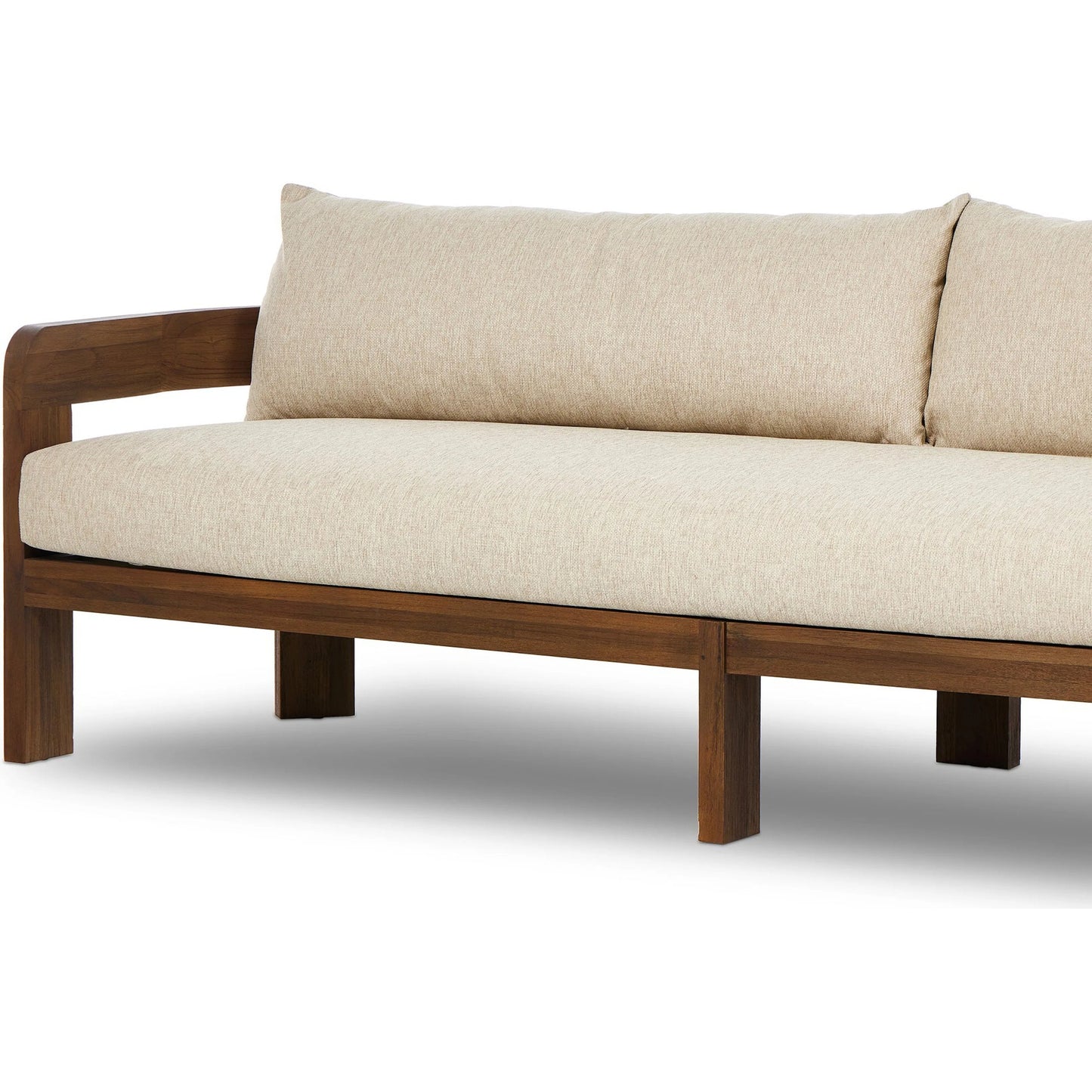 024 SI-2257144 | Closeup | Jackson Outdoor Sofa by Four Hands. Made from 100% olefin, solid fsc®-certified teak, 91% polyurethane foam pad, 9% polyester fiber batting in a modern style.