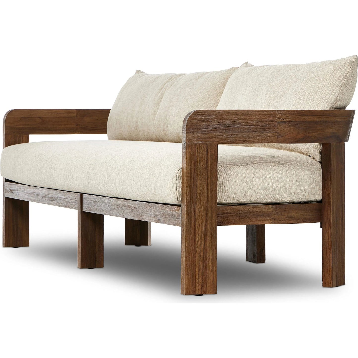 026 SI-2257144 | Closeup | Jackson Outdoor Sofa by Four Hands. Made from 100% olefin, solid fsc®-certified teak, 91% polyurethane foam pad, 9% polyester fiber batting in a modern style.