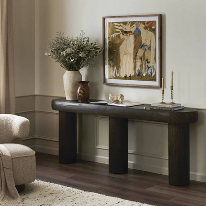 Sommer Console Table by Four Hands in sienna brown pine. Made from solid pine in a traditional style.