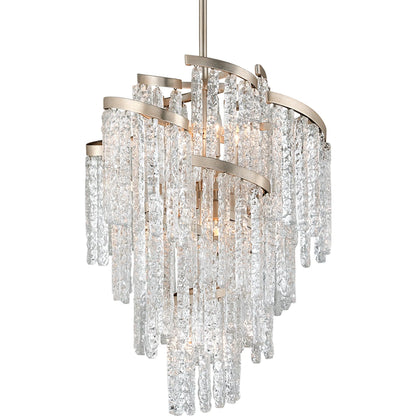 Mont Blanc 9 Light Chandelier by Corbett in modern silver leaf. Made from hand-crafted iron in a modern style.