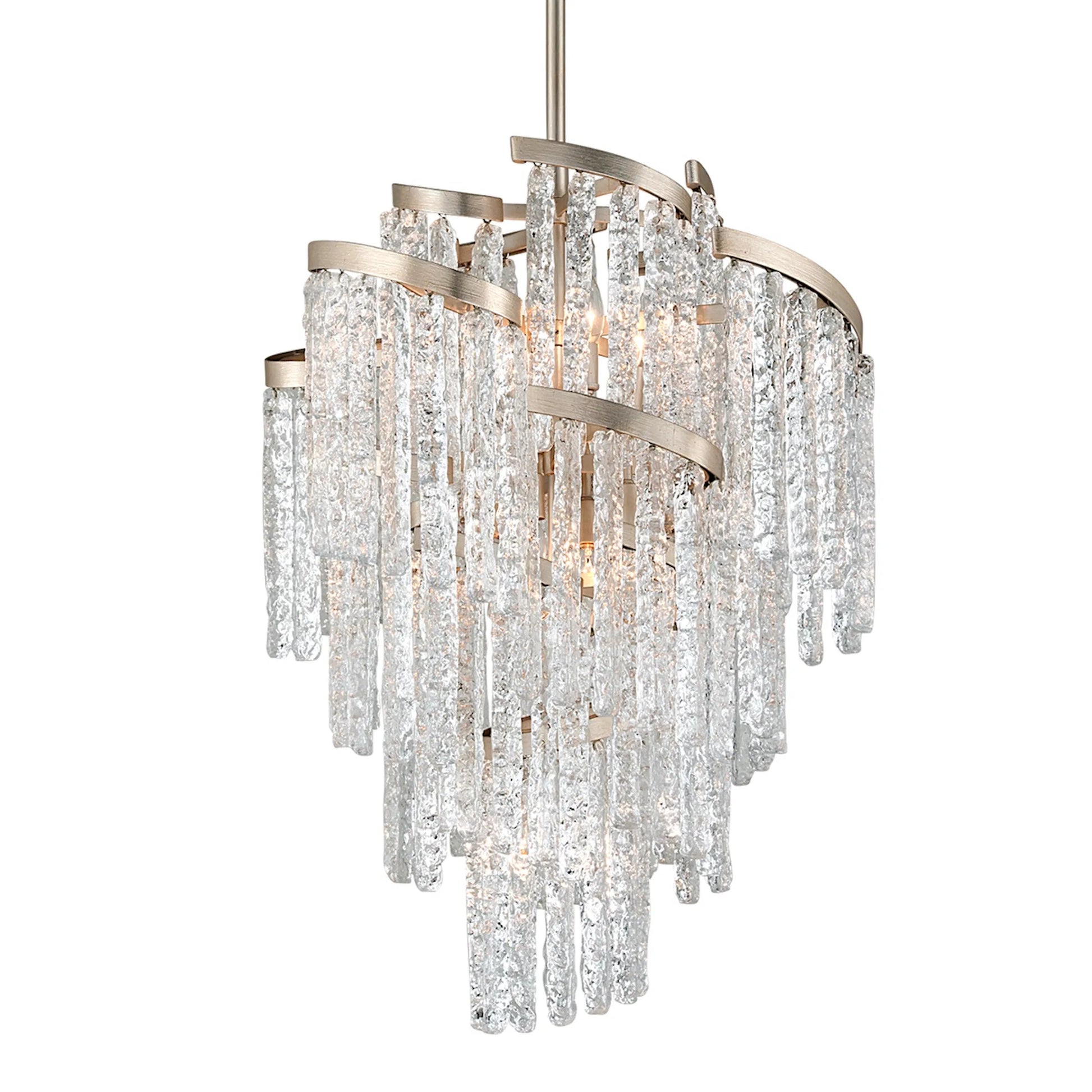 Mont Blanc 9 Light Chandelier by Corbett in modern silver leaf. Made from hand-crafted iron in a modern style.