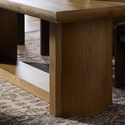 Garrett Dining Table by Four Hands in amber oak thin veneer. Made from oak veneer, solid oak in a unique style.