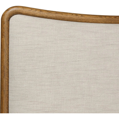 Dover Bed by Four Hands in hockney linen, rustic amber oak veneer. Made from 86% polyester, 14% flax/linen, thick oak veneer, solid oak in a transitional style.
