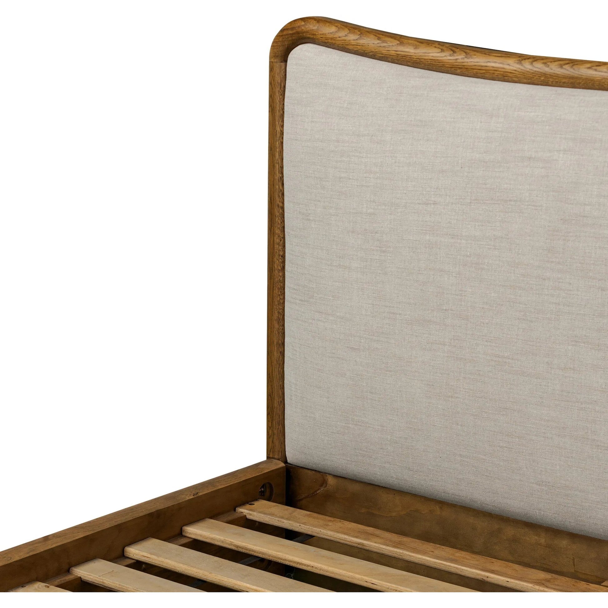 Dover Bed by Four Hands in hockney linen, rustic amber oak veneer. Made from 86% polyester, 14% flax/linen, thick oak veneer, solid oak in a transitional style.