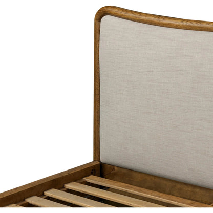 Dover Bed by Four Hands in hockney linen, rustic amber oak veneer. Made from 86% polyester, 14% flax/linen, thick oak veneer, solid oak in a transitional style.
