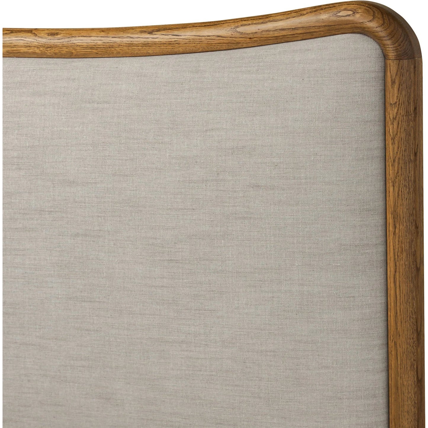 007 SI-2519154 | Closeup | Dover Bed by Four Hands in hockney linen, rustic amber oak veneer. Made from 86% polyester, 14% flax/linen, thick oak veneer, solid oak in a transitional style.