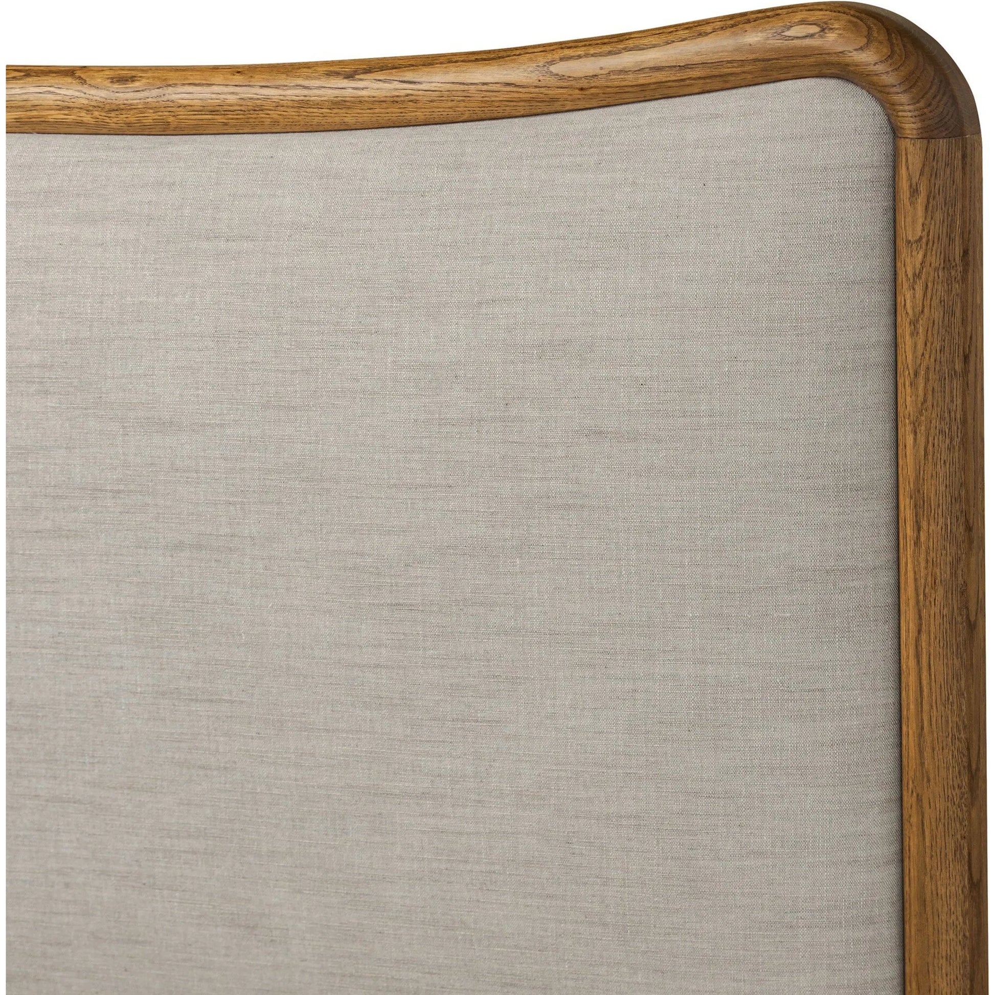 Dover Bed by Four Hands in hockney linen, rustic amber oak veneer. Made from 86% polyester, 14% flax/linen, thick oak veneer, solid oak in a transitional style.