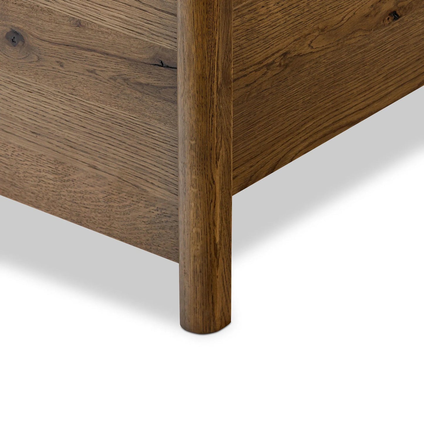 009 SI-2519154 | Closeup | Dover Bed by Four Hands in hockney linen, rustic amber oak veneer. Made from 86% polyester, 14% flax/linen, thick oak veneer, solid oak in a transitional style.
