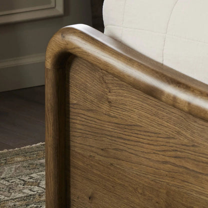 Dover Bed by Four Hands in hockney linen, rustic amber oak veneer. Made from 86% polyester, 14% flax/linen, thick oak veneer, solid oak in a transitional style.