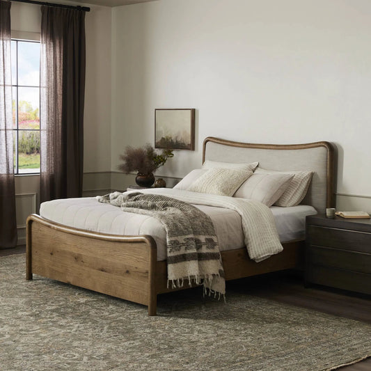 Dover Bed by Four Hands in hockney linen, rustic amber oak veneer. Made from 86% polyester, 14% flax/linen, thick oak veneer, solid oak in a transitional style.