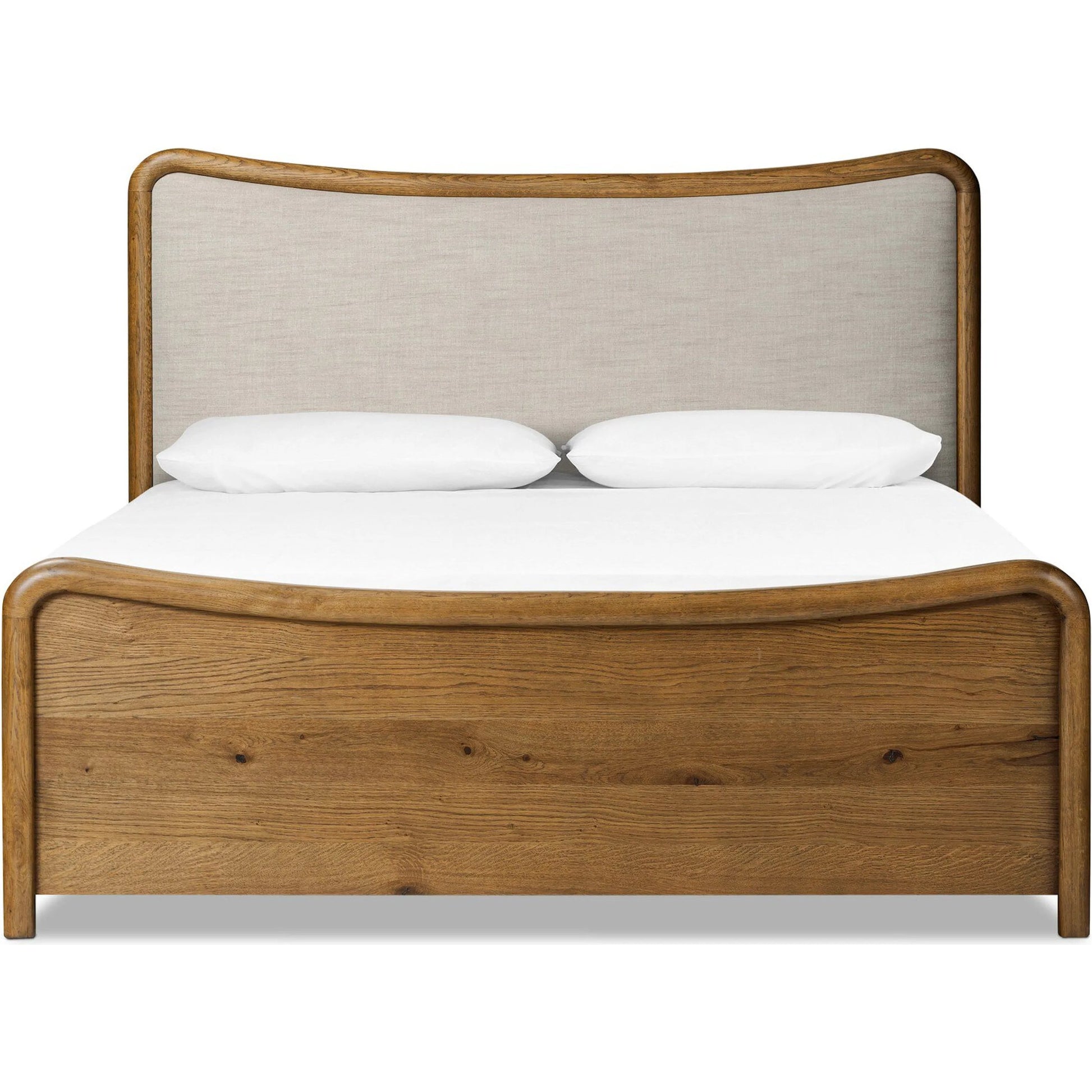 Dover Bed by Four Hands in hockney linen, rustic amber oak veneer. Made from 86% polyester, 14% flax/linen, thick oak veneer, solid oak in a transitional style.