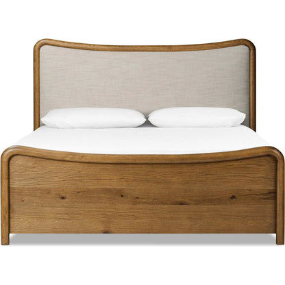 Dover Bed by Four Hands in hockney linen, rustic amber oak veneer. Made from 86% polyester, 14% flax/linen, thick oak veneer, solid oak in a transitional style.