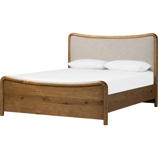 Dover Bed by Four Hands in hockney linen, rustic amber oak veneer. Made from 86% polyester, 14% flax/linen, thick oak veneer, solid oak in a transitional style.