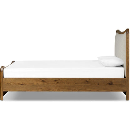 Dover Bed by Four Hands in hockney linen, rustic amber oak veneer. Made from 86% polyester, 14% flax/linen, thick oak veneer, solid oak in a transitional style.