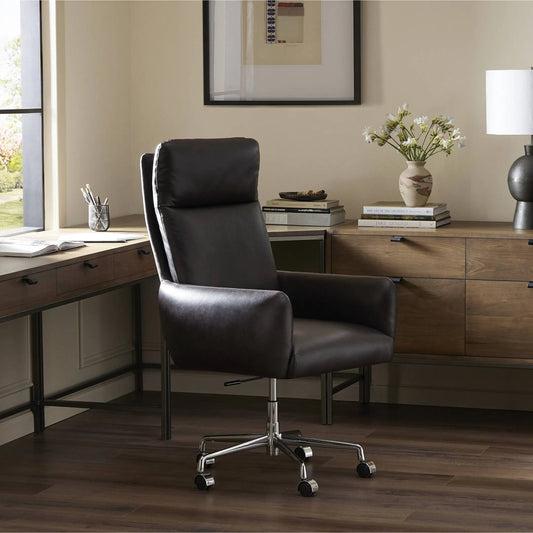 Wayland Desk Chair by Four Hands in sonoma black, polished stainless steel. Made from top grain leather, stainless steel in a unique style.