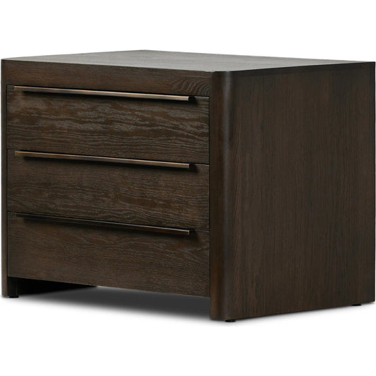 Bruce Nightstand by Four Hands in espresso oak, espresso oak veneer. Made from solid oak, oak veneer in a modern style.