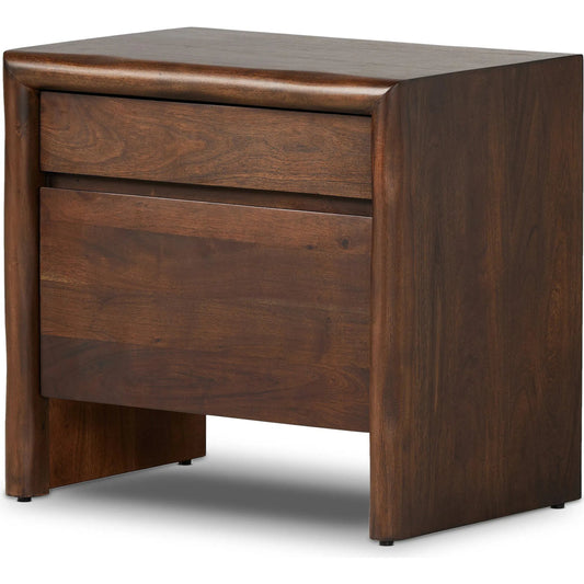 Nigel Nightstand by Four Hands in rustic brown acacia. Made from solid acacia in a traditional style.