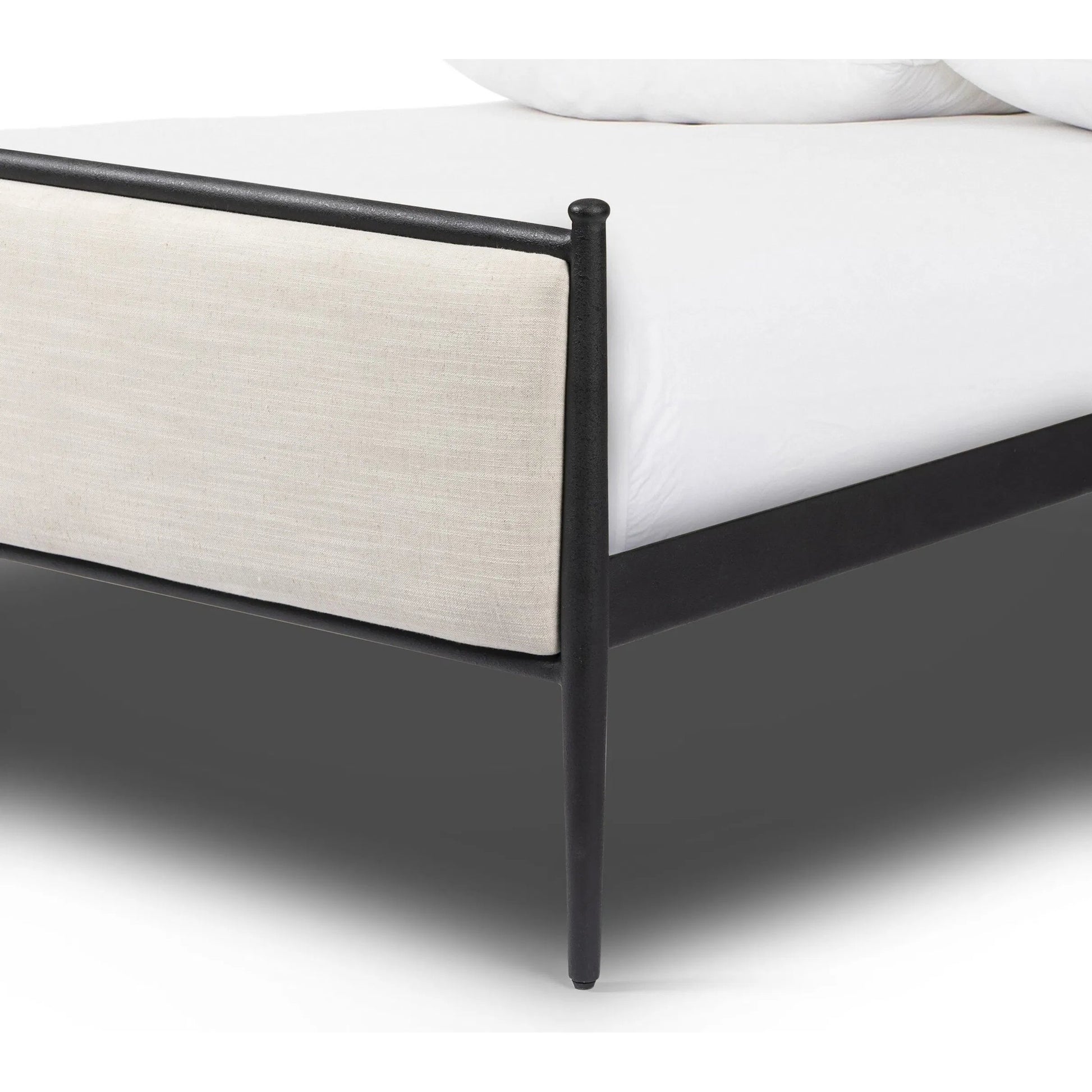 Xander Bed by Four Hands in savoy parchment, textured black iron. Made from 54% polyester, 36% viscose (rayon), 10% flax/linen, iron in a unique style.