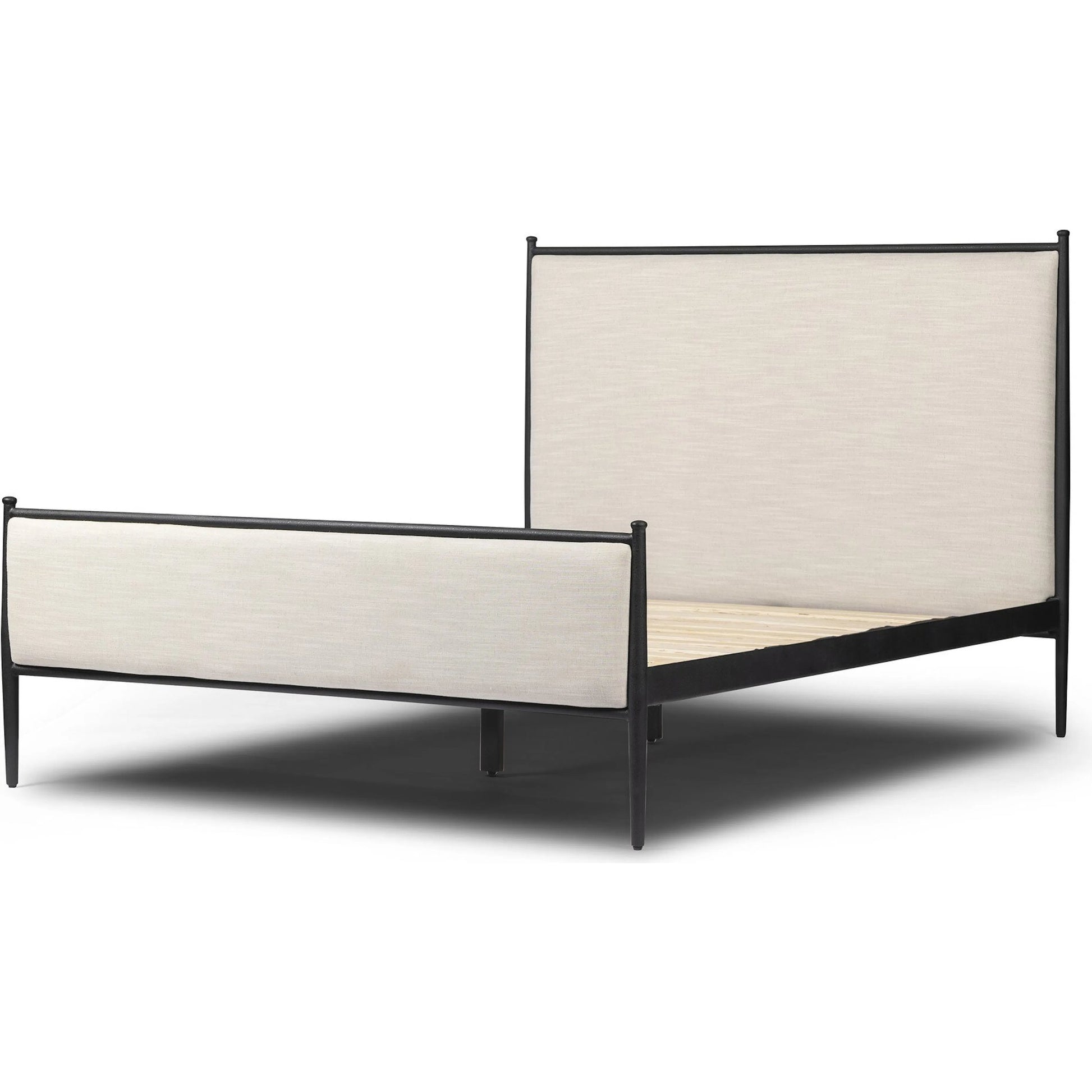 Xander Bed by Four Hands in savoy parchment, textured black iron. Made from 54% polyester, 36% viscose (rayon), 10% flax/linen, iron in a unique style.