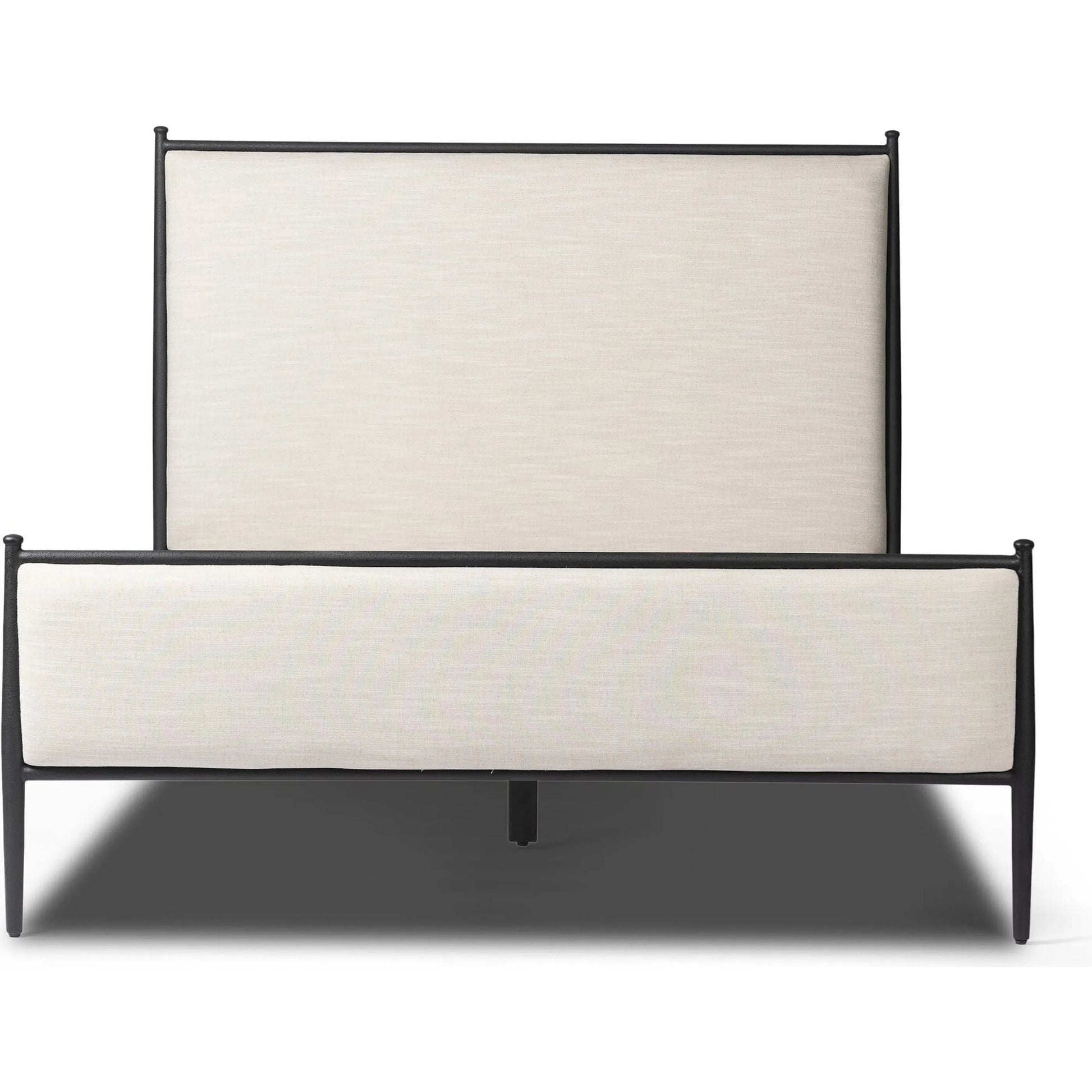 Xander Bed by Four Hands in savoy parchment, textured black iron. Made from 54% polyester, 36% viscose (rayon), 10% flax/linen, iron in a unique style.