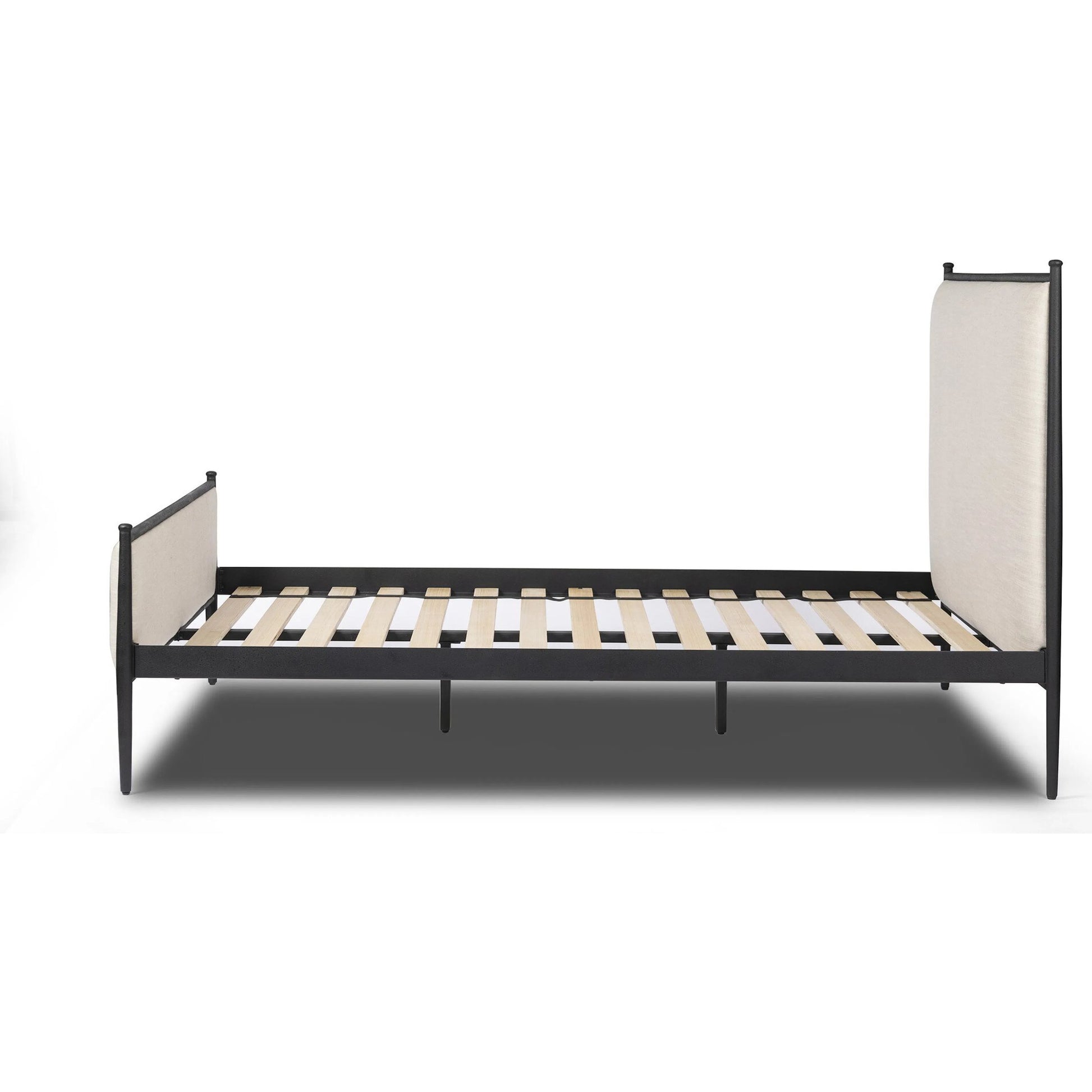 Xander Bed by Four Hands in savoy parchment, textured black iron. Made from 54% polyester, 36% viscose (rayon), 10% flax/linen, iron in a unique style.