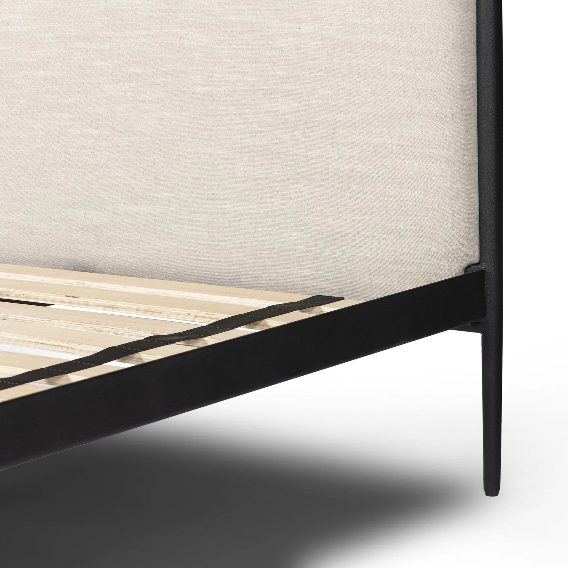 Xander Bed by Four Hands in savoy parchment, textured black iron. Made from 54% polyester, 36% viscose (rayon), 10% flax/linen, iron in a unique style.
