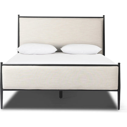 Xander Bed by Four Hands in savoy parchment, textured black iron. Made from 54% polyester, 36% viscose (rayon), 10% flax/linen, iron in a unique style.
