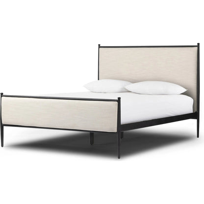 Xander Bed by Four Hands in savoy parchment, textured black iron. Made from 54% polyester, 36% viscose (rayon), 10% flax/linen, iron in a unique style.