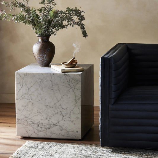 Hunter End Table by Four Hands in white carrara marble. Made from carrara solid in a unique style.