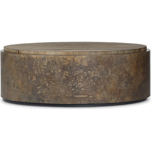 Kipp Coffee Table by Four Hands in burnt bleached oak resawn, black pine, rust aluminum. Made from resawn oak veneer, solid pine, aluminum in a eclectic & global style.