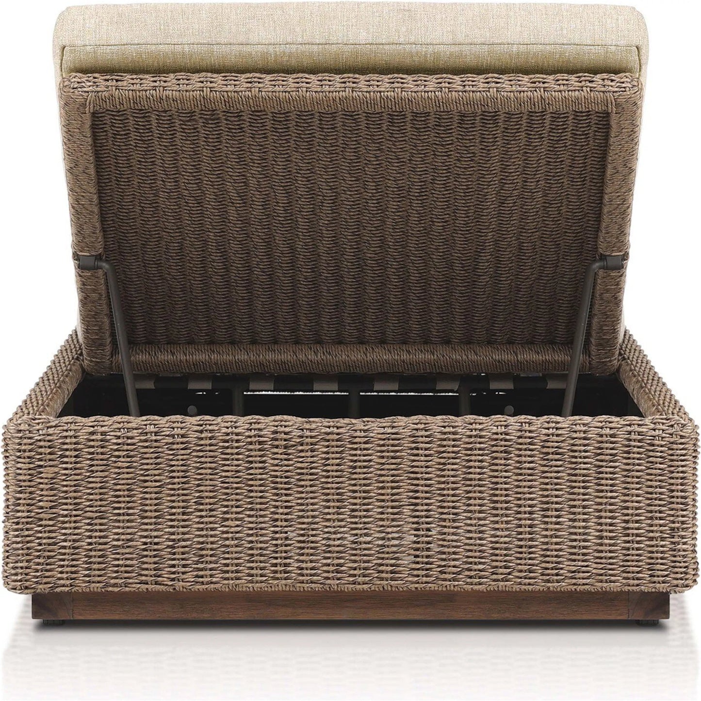 004 SI-2519233 | Additional Silo | Lorelei Outdoor Chaise by Four Hands in alessi buff, stained toasted brown-fsc, faux dark hyacinth. Made from 100% polypropylene, solid fsc®-certified teak, 100% polyethylene in a rustic style.