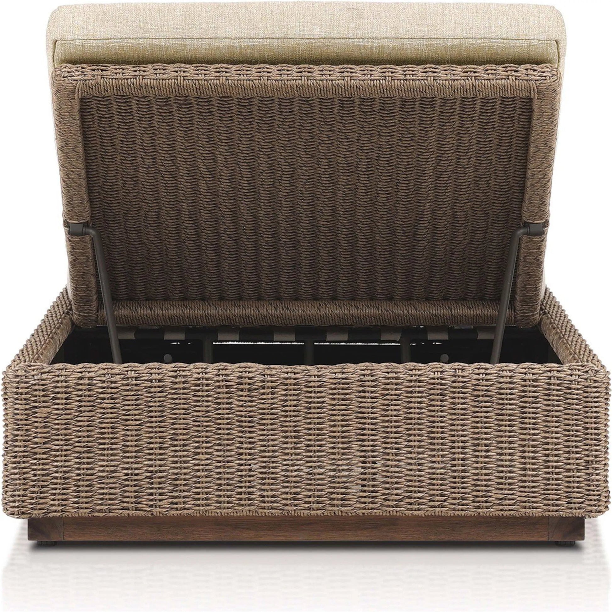 Lorelei Outdoor Chaise by Four Hands in alessi buff, stained toasted brown-fsc, faux dark hyacinth. Made from 100% polypropylene, solid fsc®-certified teak, 100% polyethylene in a rustic style.