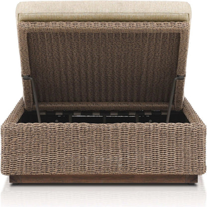Lorelei Outdoor Chaise by Four Hands in alessi buff, stained toasted brown-fsc, faux dark hyacinth. Made from 100% polypropylene, solid fsc®-certified teak, 100% polyethylene in a rustic style.