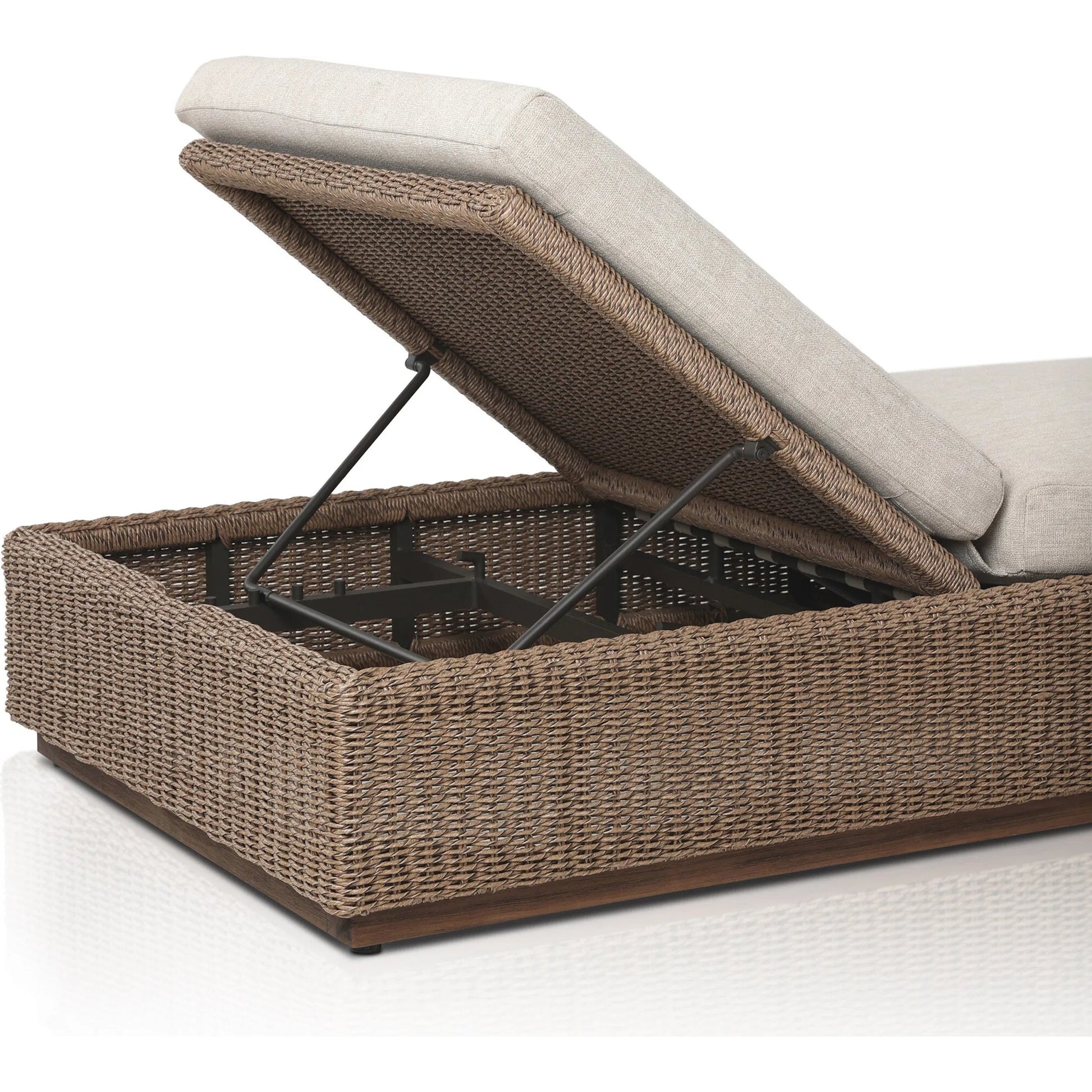 Lorelei Outdoor Chaise by Four Hands in alessi buff, stained toasted brown-fsc, faux dark hyacinth. Made from 100% polypropylene, solid fsc®-certified teak, 100% polyethylene in a rustic style.