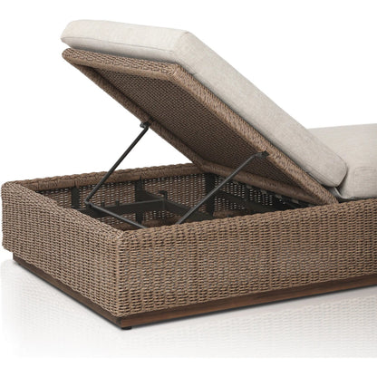 Lorelei Outdoor Chaise by Four Hands in alessi buff, stained toasted brown-fsc, faux dark hyacinth. Made from 100% polypropylene, solid fsc®-certified teak, 100% polyethylene in a rustic style.