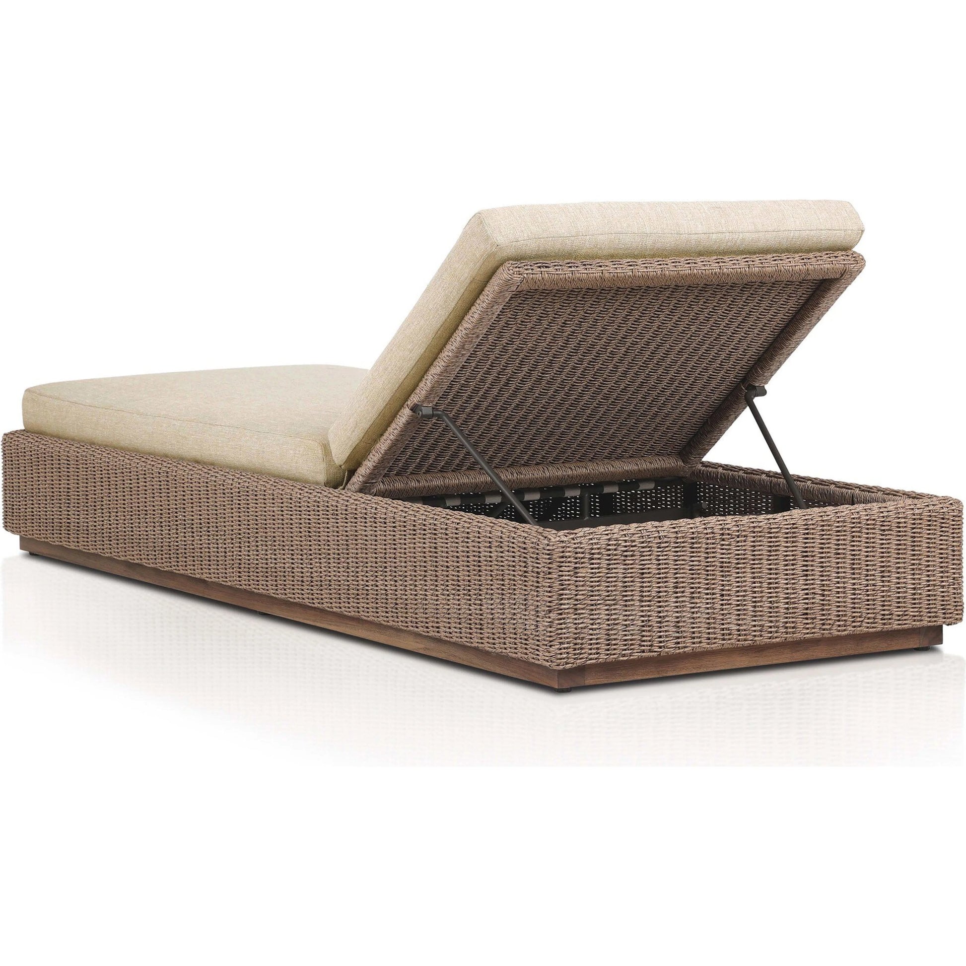 Lorelei Outdoor Chaise by Four Hands in alessi buff, stained toasted brown-fsc, faux dark hyacinth. Made from 100% polypropylene, solid fsc®-certified teak, 100% polyethylene in a rustic style.