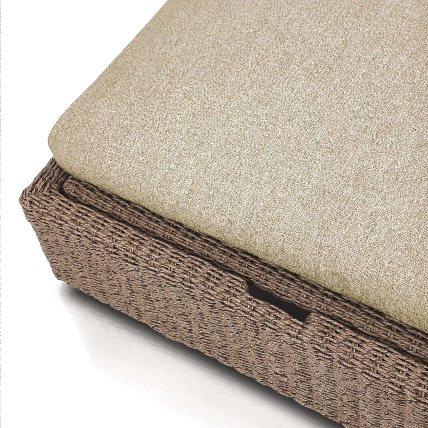 010 SI-2519233 | Closeup | Lorelei Outdoor Chaise by Four Hands in alessi buff, stained toasted brown-fsc, faux dark hyacinth. Made from 100% polypropylene, solid fsc®-certified teak, 100% polyethylene in a rustic style.