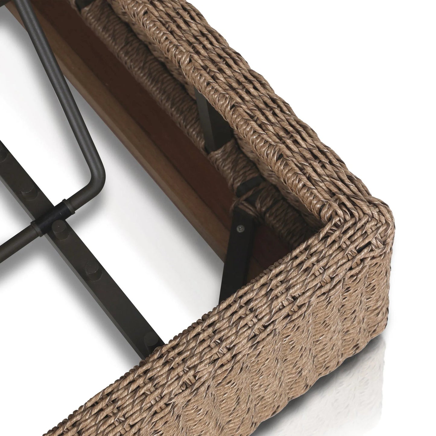 011 SI-2519233 | Closeup | Lorelei Outdoor Chaise by Four Hands in alessi buff, stained toasted brown-fsc, faux dark hyacinth. Made from 100% polypropylene, solid fsc®-certified teak, 100% polyethylene in a rustic style.