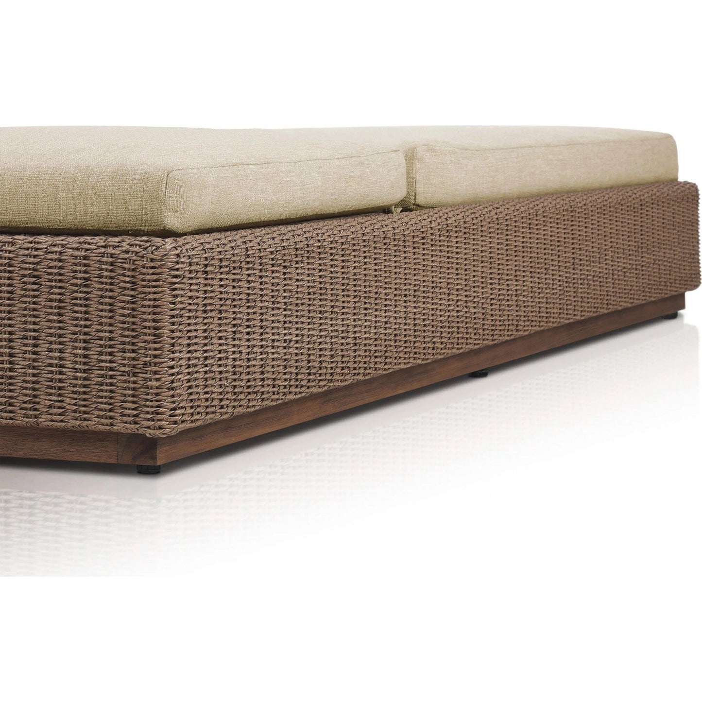 012 SI-2519233 | Closeup | Lorelei Outdoor Chaise by Four Hands in alessi buff, stained toasted brown-fsc, faux dark hyacinth. Made from 100% polypropylene, solid fsc®-certified teak, 100% polyethylene in a rustic style.