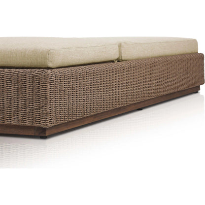 Lorelei Outdoor Chaise by Four Hands in alessi buff, stained toasted brown-fsc, faux dark hyacinth. Made from 100% polypropylene, solid fsc®-certified teak, 100% polyethylene in a rustic style.