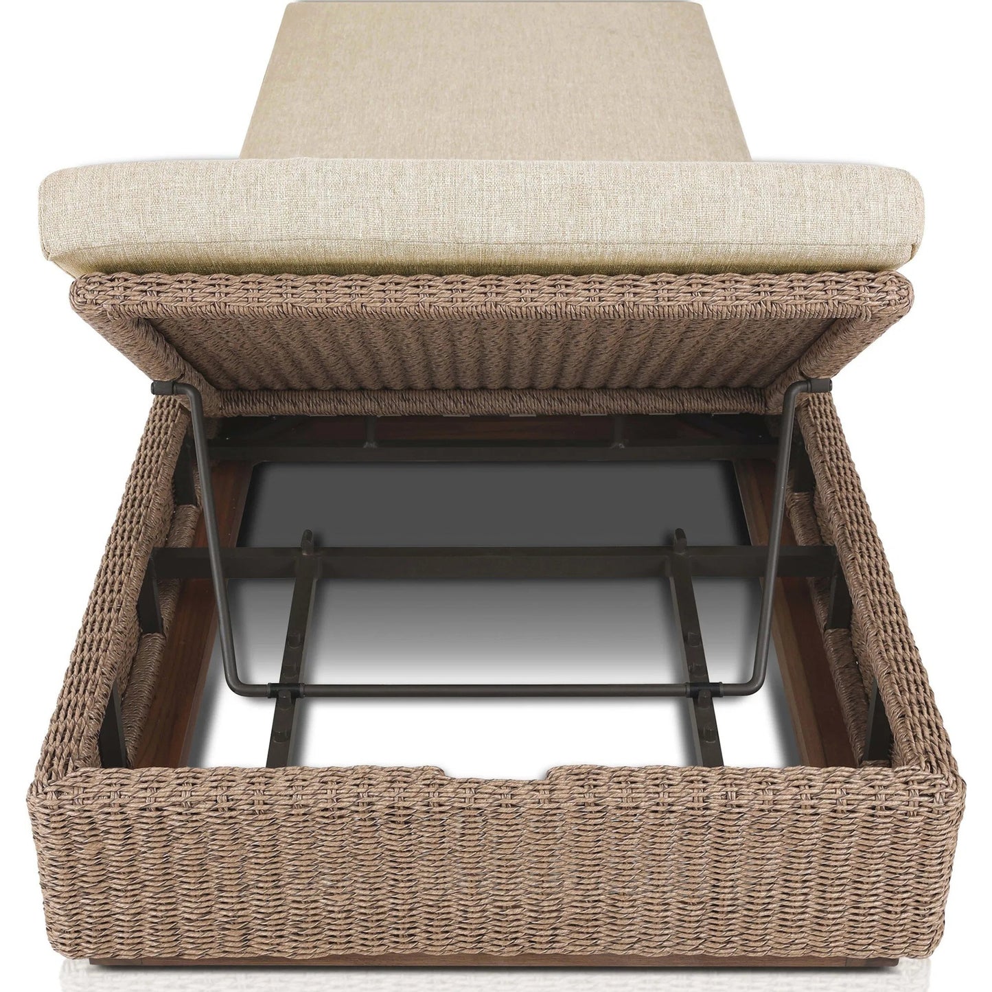 006 SI-2519233 | Additional Silo | Lorelei Outdoor Chaise by Four Hands in alessi buff, stained toasted brown-fsc, faux dark hyacinth. Made from 100% polypropylene, solid fsc®-certified teak, 100% polyethylene in a rustic style.
